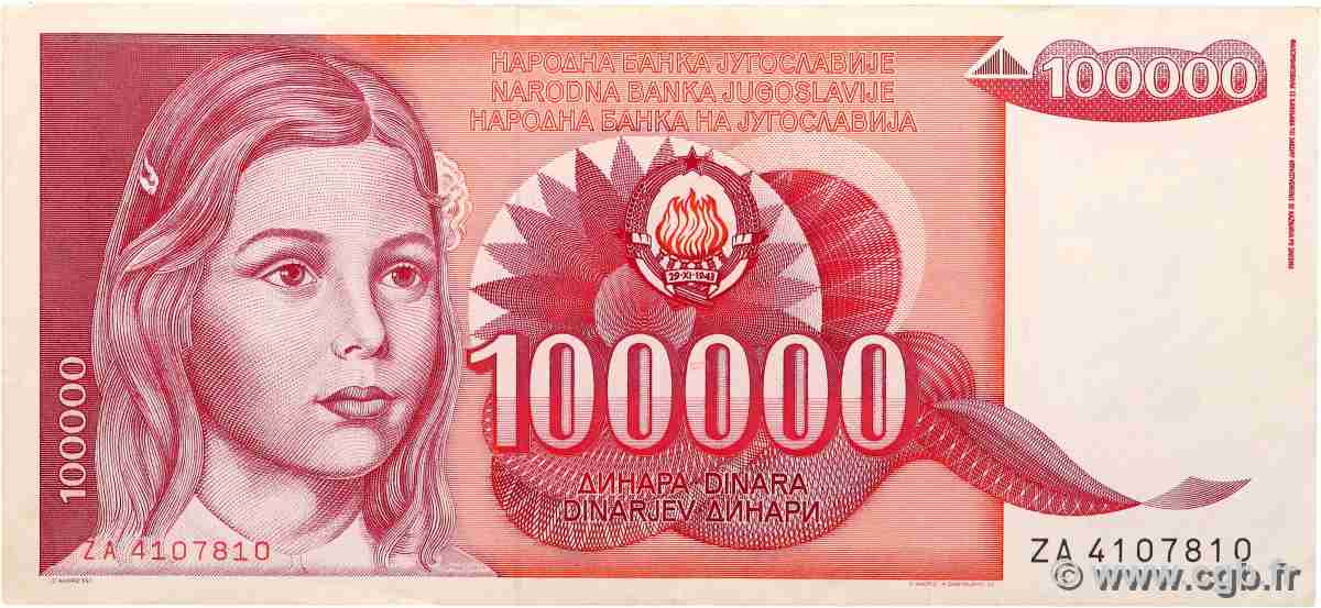 100000 Dinara Remplacement YUGOSLAVIA  1989 P.097 XF