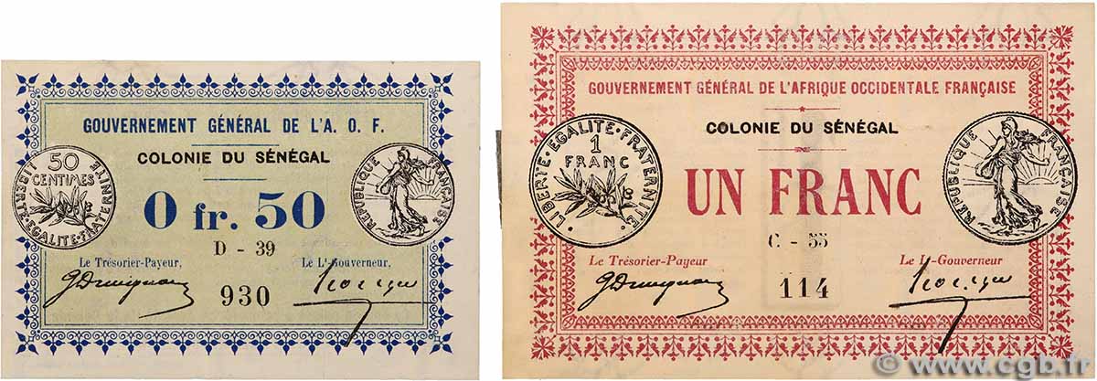0,50  et 1 Franc Lot SENEGAL  1917 P.01b et P.02b q.AU