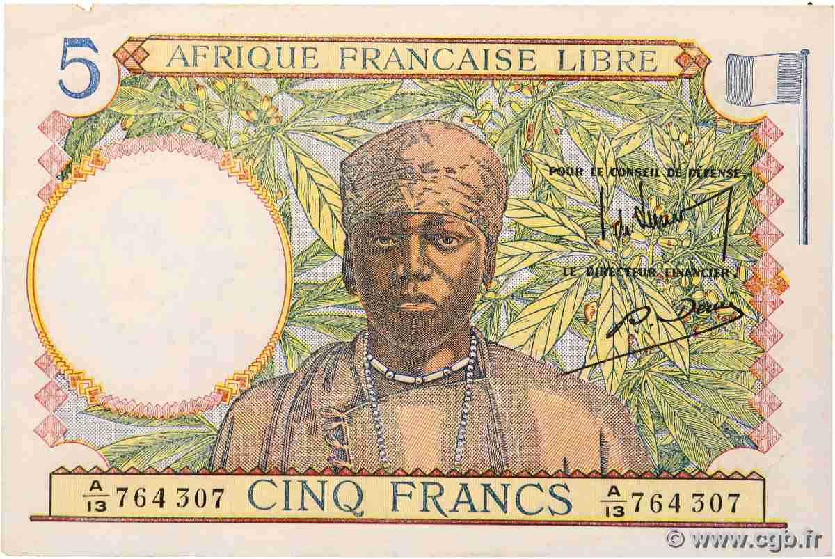 5 Francs type 1941 AFRIQUE ÉQUATORIALE FRANÇAISE  1943 A.114b XF
