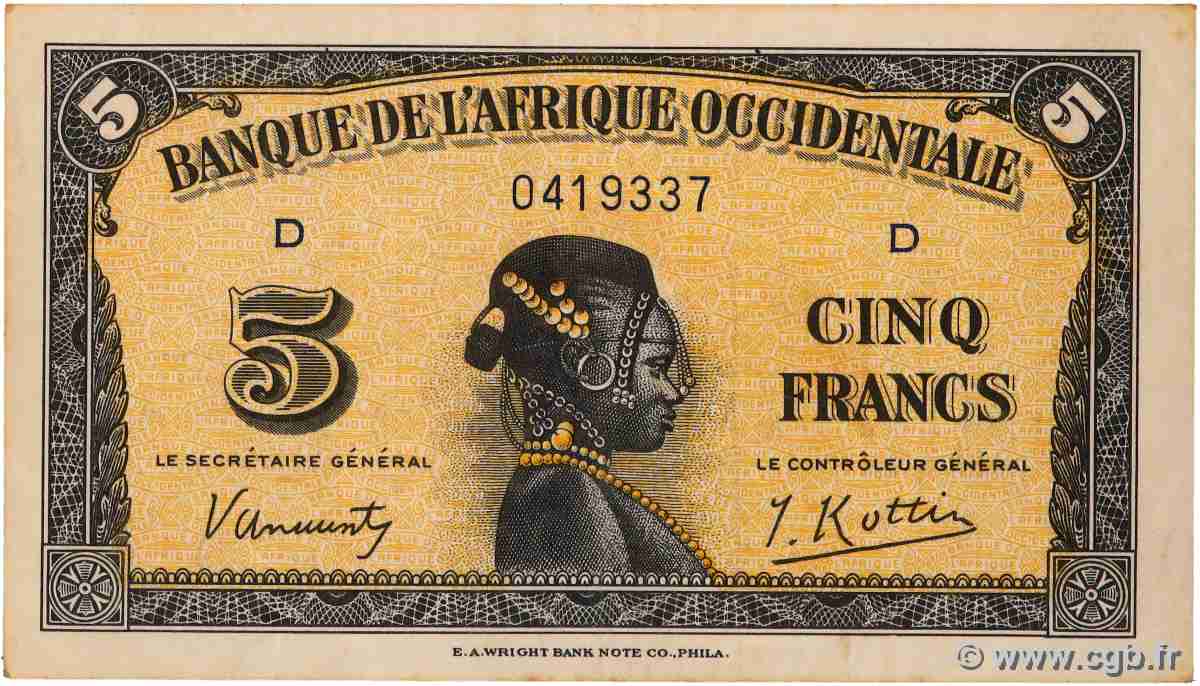 5 Francs FRENCH WEST AFRICA  1942 P.28a VF+