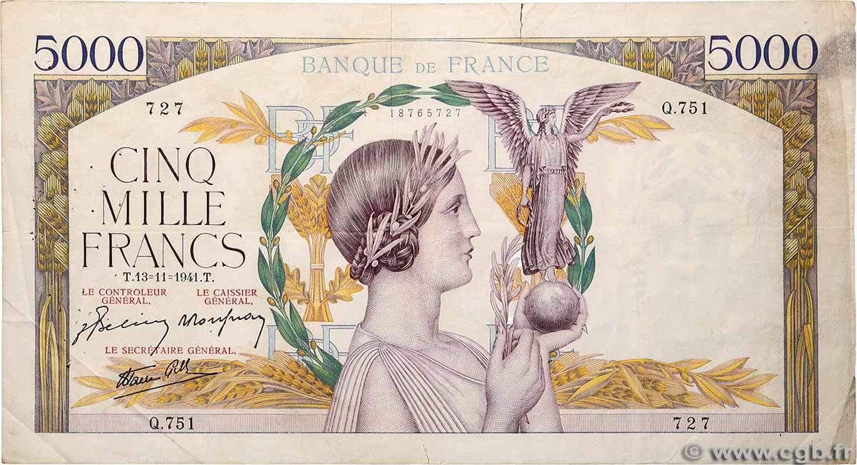 5000 Francs VICTOIRE Impression à plat FRANCE  1941 F.46.29 TB+