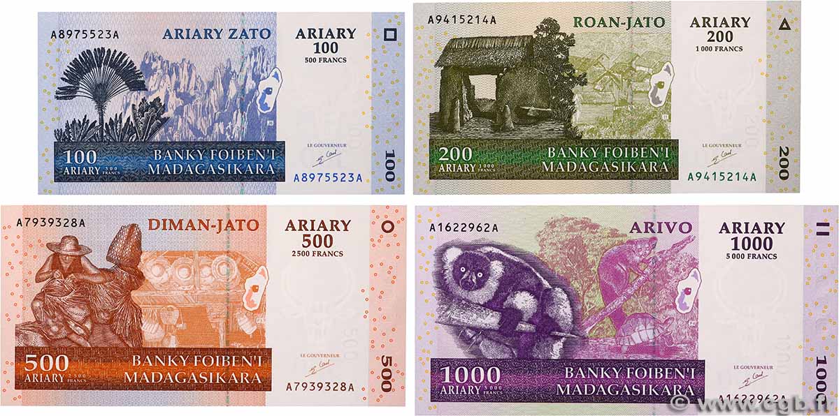 500 Francs - 100 Ariary au 5000 Francs - 1000 Ariary Lot MADAGASCAR  2004 P.086a, P.087a, P.088a et P.089a UNC