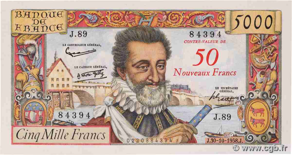 50 NF sur 5000 Francs HENRI IV FRANCE  1958 F.54.01 AU