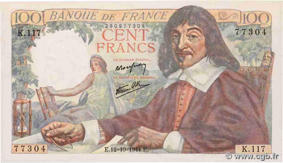 100 Francs DESCARTES FRANCIA  1944 F.27.08 SC+