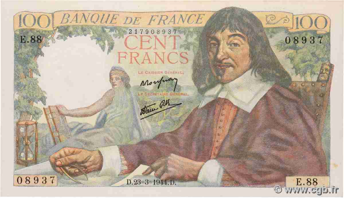 100 Francs DESCARTES FRANCIA  1944 F.27.05 SC+