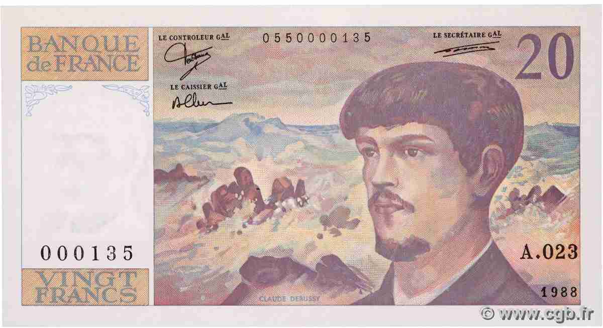 20 Francs DEBUSSY Petit numéro FRANCIA  1988 F.66.09A23 FDC