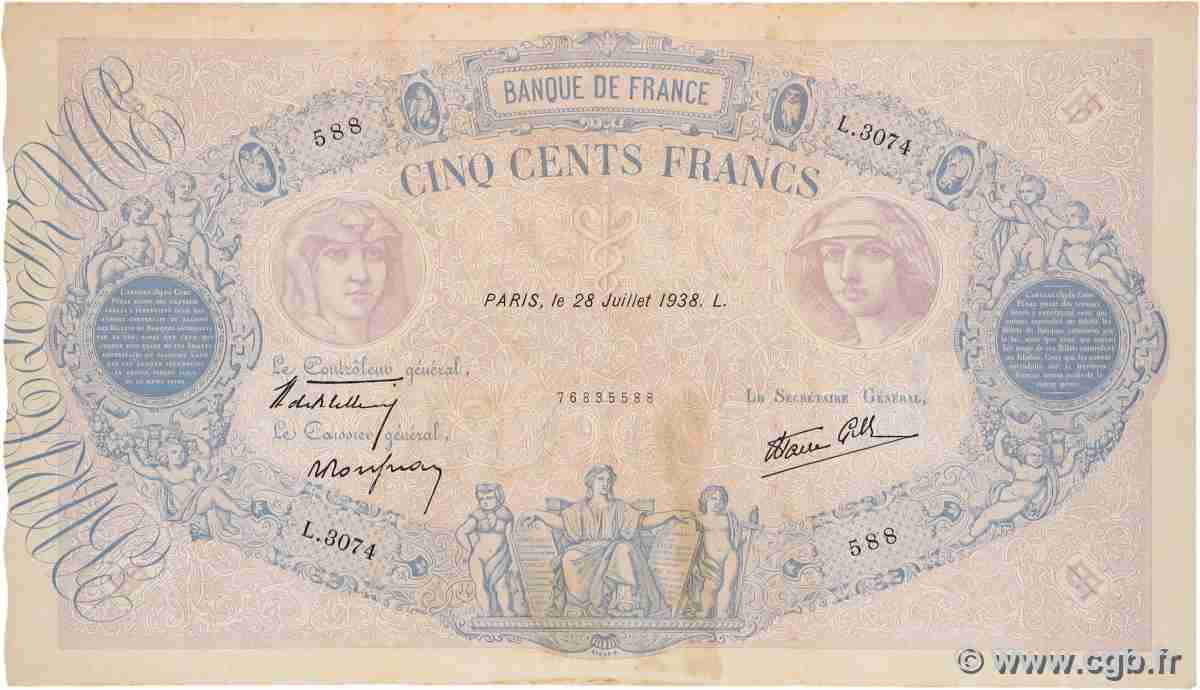 500 Francs BLEU ET ROSE modifié FRANCIA  1938 F.31.19 MBC