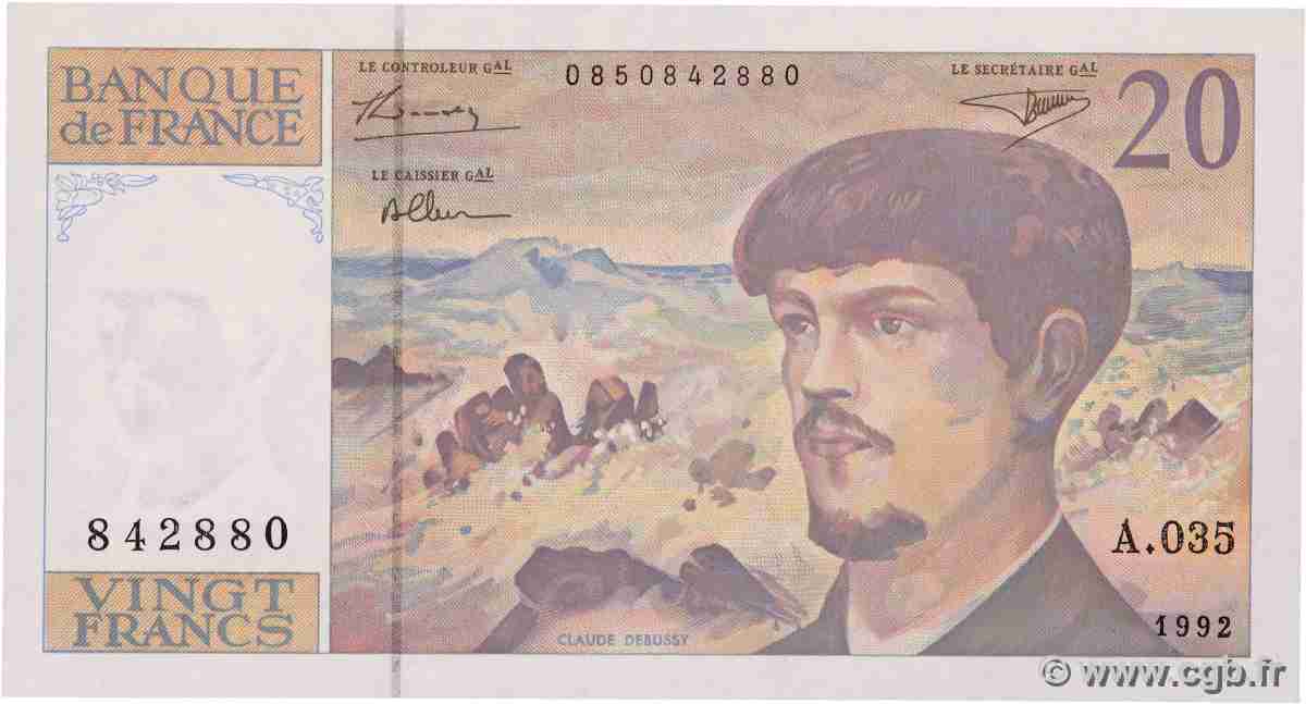20 Francs DEBUSSY à fil de sécurité FRANCIA  1992 F.66bis.03A35 FDC