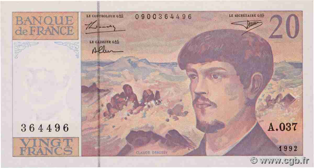 20 Francs DEBUSSY à fil de sécurité FRANCIA  1992 F.66bis.03A37 FDC