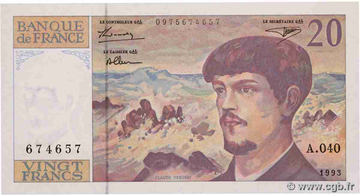 20 Francs DEBUSSY à fil de sécurité FRANCIA  1993 F.66bis.04A40 SC+