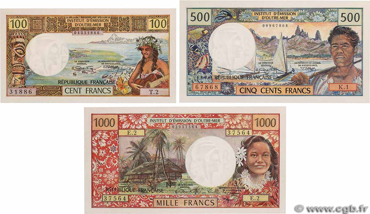 100, 500 et 1000  Francs Lot TAHITI  1970 P.24b, P.25a et P.27a UNC-
