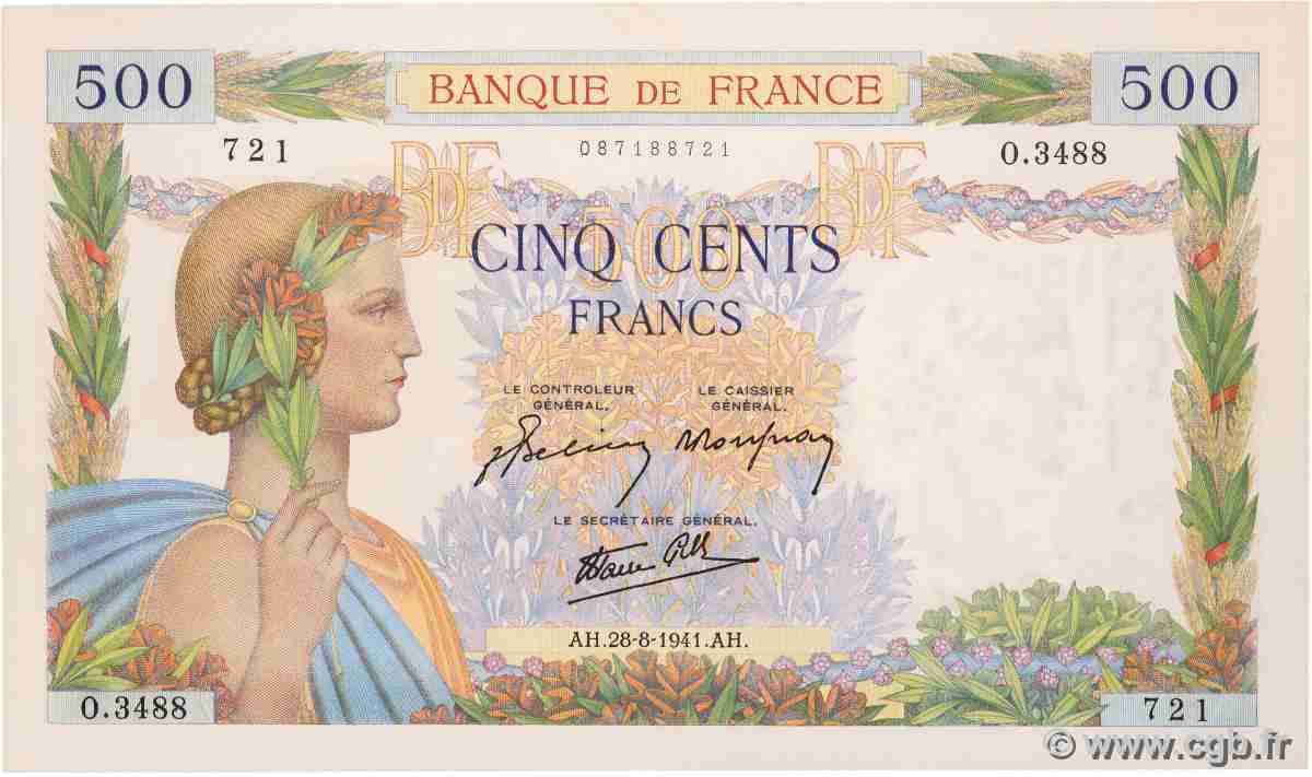 500 Francs LA PAIX FRANCE  1941 F.32.21 SUP