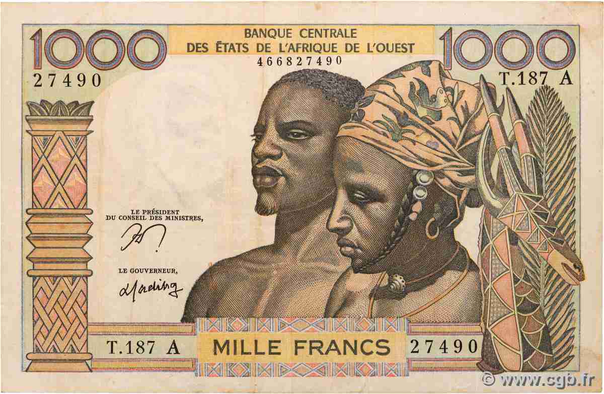 1000 Francs ÉTATS DE L&nbsp;AFRIQUE DE L&nbsp;OUEST  1977 P.103Am TB+