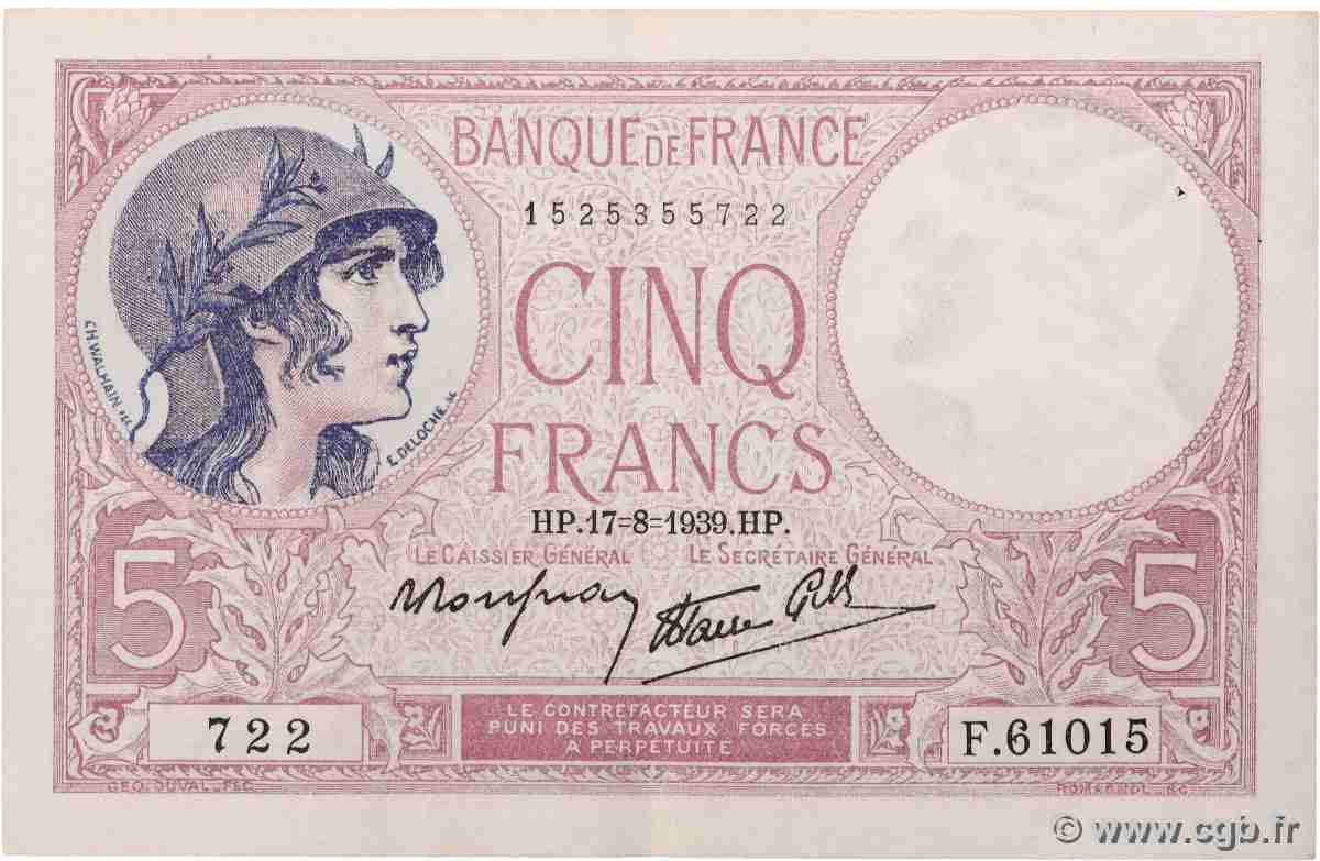 5 Francs FEMME CASQUÉE modifié FRANCE  1939 F.04.06 SUP