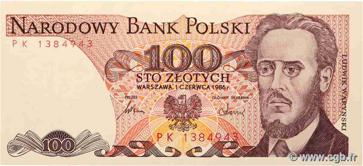 100 Zlotych POLAND  1986 P.143e UNC-