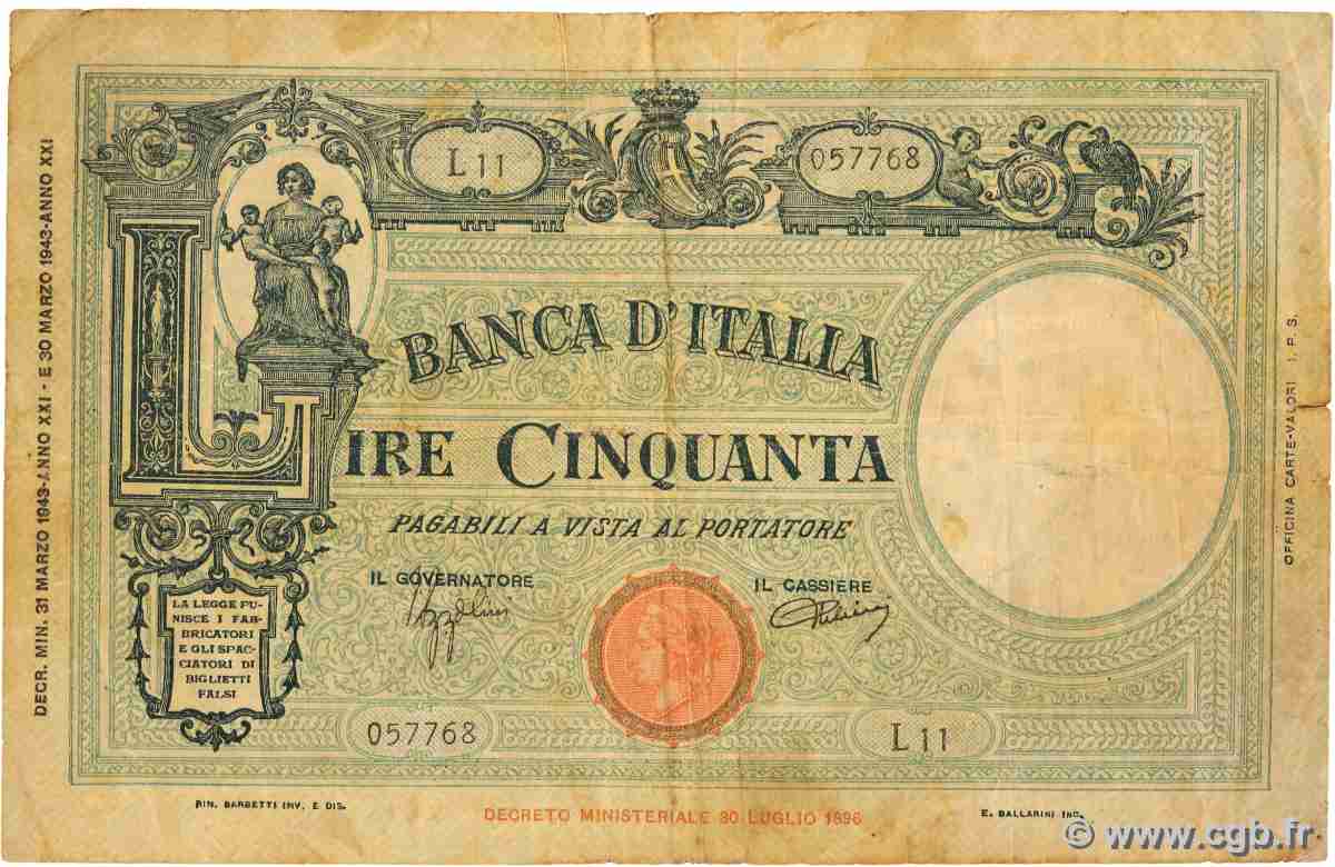 50 Lire ITALY  1943 P.064a VG