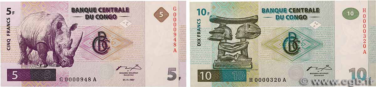 5 et 10 Francs Petit numéro REPUBBLICA DEMOCRATICA DEL CONGO  1997 P.086a et P.087a FDC