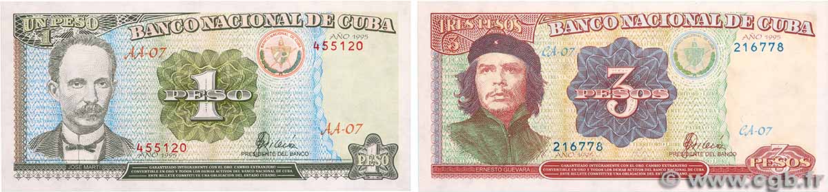1 et 3 Pesos Lot CUBA  1995 P.112 et P.113 FDC