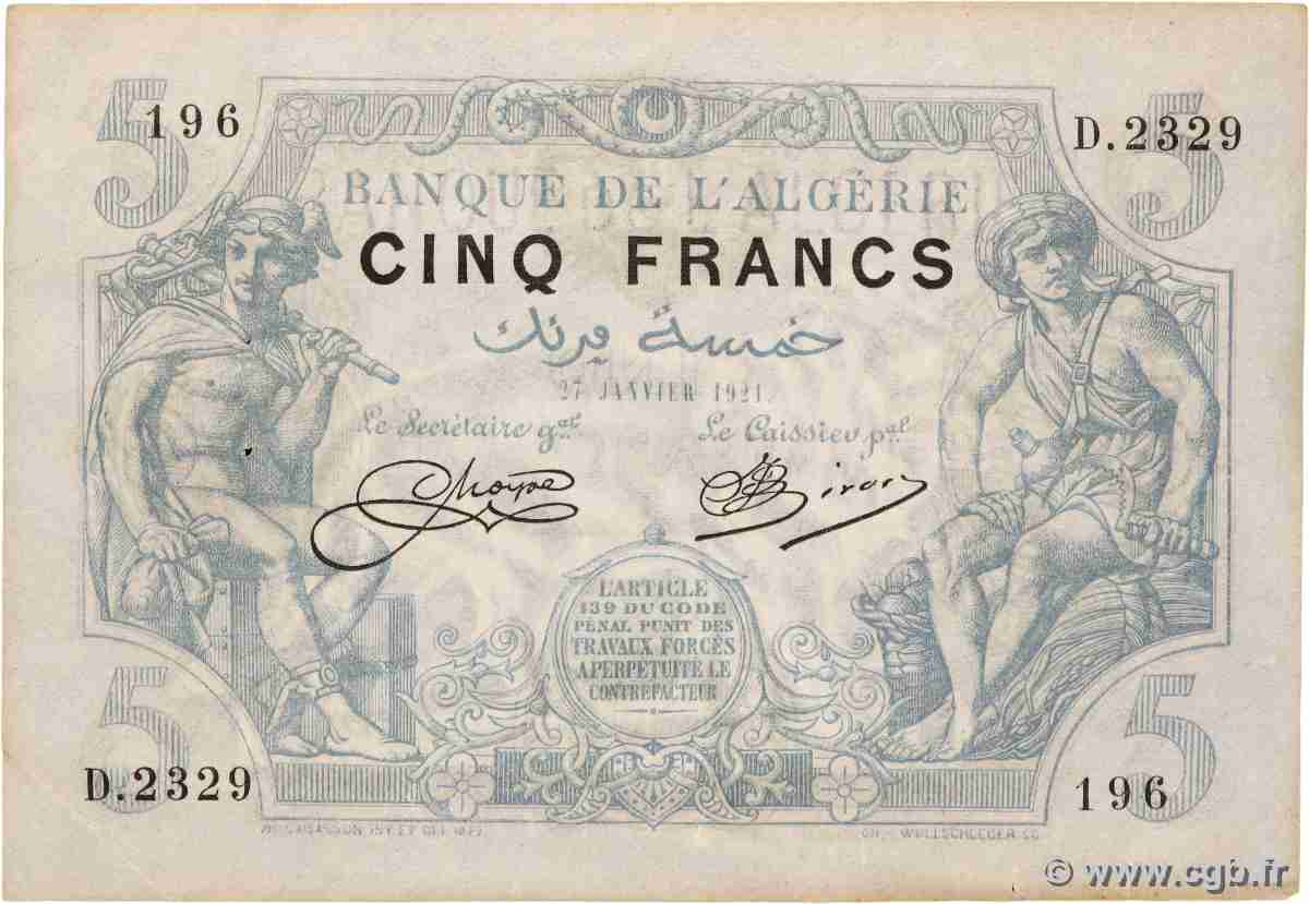 5 Francs ALGÉRIE  1921 P.071b TTB