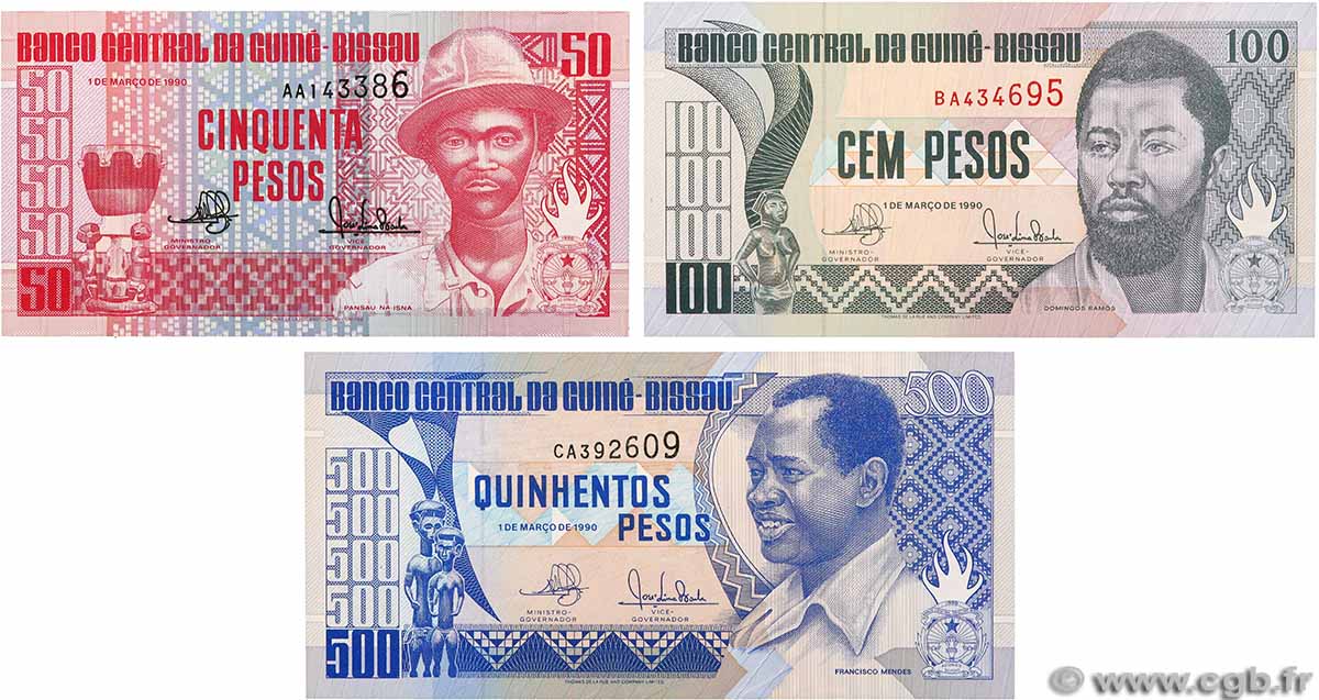 50, 100 et 500 Pesos Lot GUINÉE BISSAU  1990 P.10, P.11 et P.12 NEUF