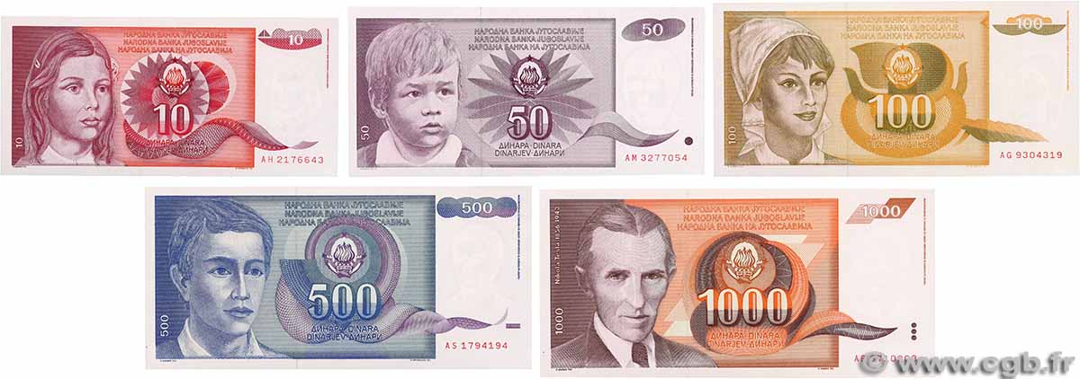 10 au 1000 Dinara Lot YUGOSLAVIA  1990 P.103 au P.107 FDC