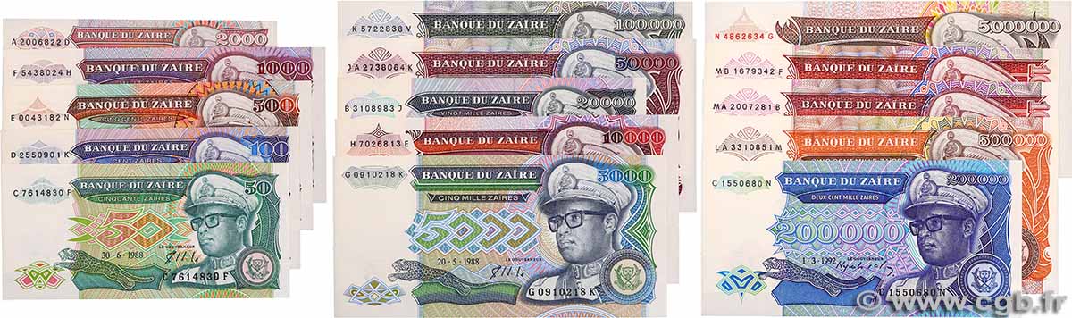 50 au 5000000 Zaïres Lot ZAIRE  1988 P.32 au P.46 q.FDC
