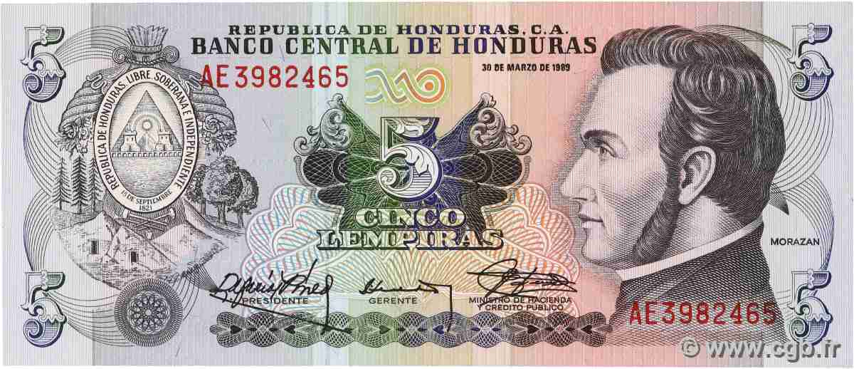 5 Lempiras HONDURAS  1989 P.063b NEUF