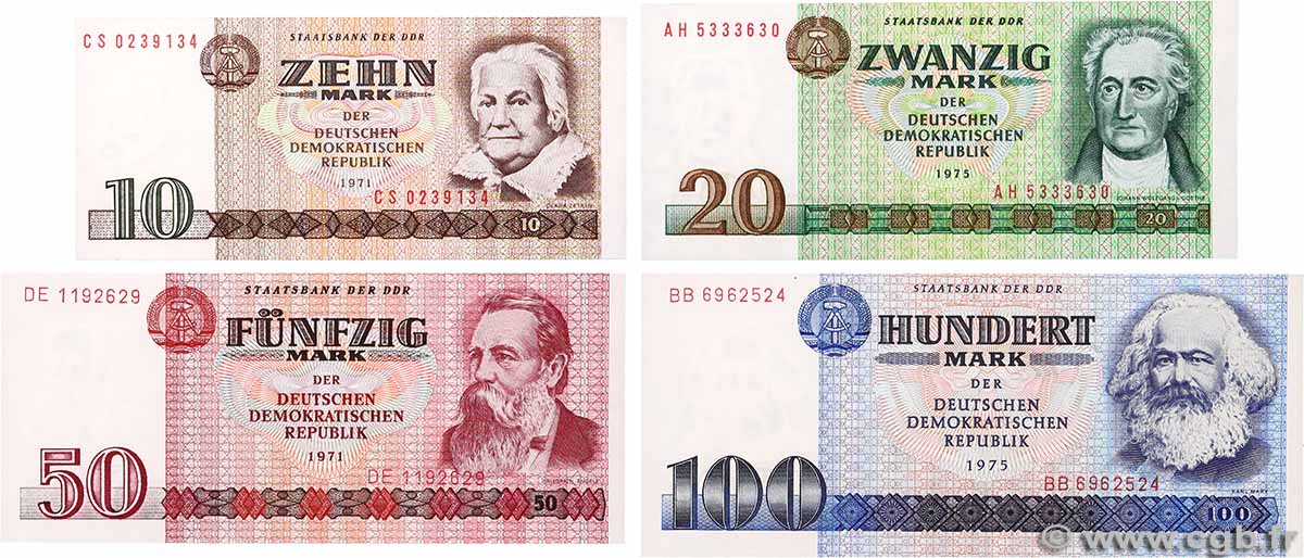 10 à 100 Mark Lot ALLEMAGNE RÉPUBLIQUE DÉMOCRATIQUE  1971 P.28b, P.29b, P.30b et P.31a pr.NEUF