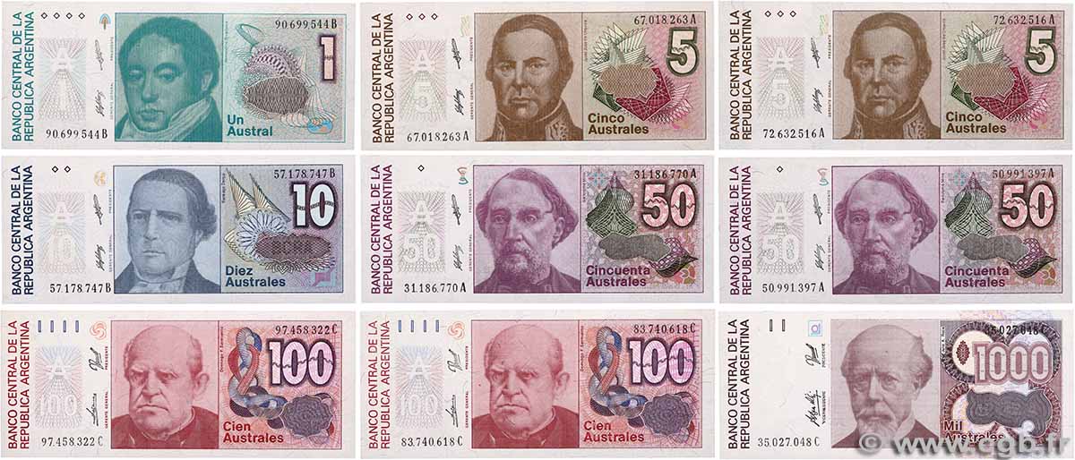 1, 5, 10, 50, 100 et 1000 Australes Lot ARGENTINE  1985 P.323b, P.324b, P.325b, P.326b, P.327b et P.329 SPL+