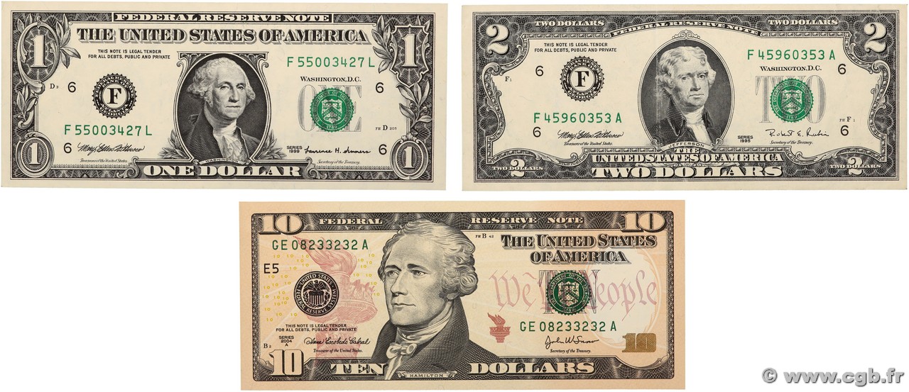 1, 2 et 10 Dollars Lot ÉTATS-UNIS D&nbsp;AMÉRIQUE Atlanta et Richmond 1995 P.497, P.504 et P.520 SUP+