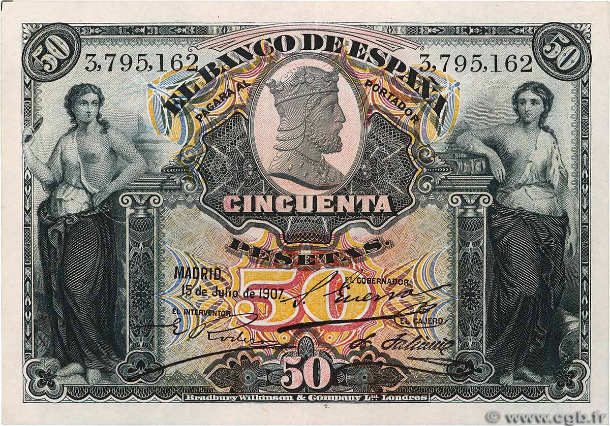 50 Pesetas SPAGNA  1907 P.063a AU