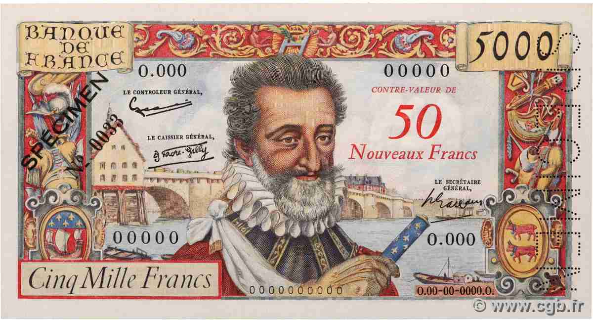 50 NF sur 5000 Francs HENRI IV Spécimen FRANCE  1958 F.54.01Spn NEUF