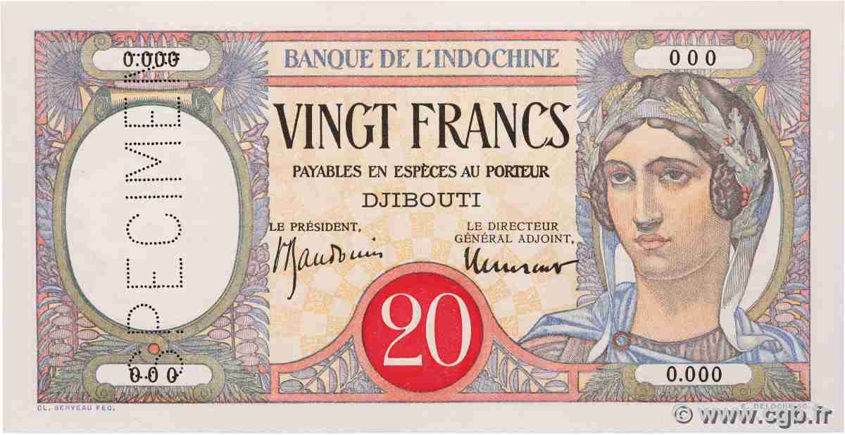 20 Francs Spécimen DJIBOUTI  1941 P.07Bs NEUF