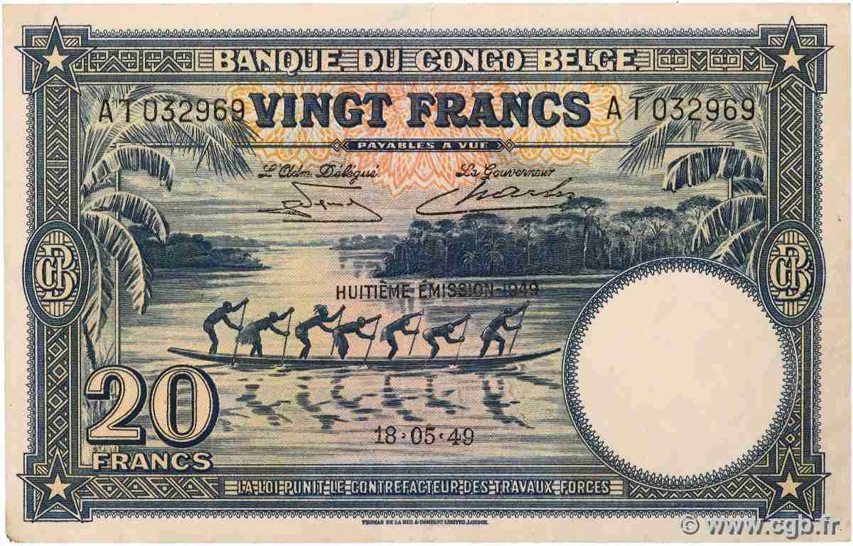 20 Francs BELGIAN CONGO  1949 P.15G VF