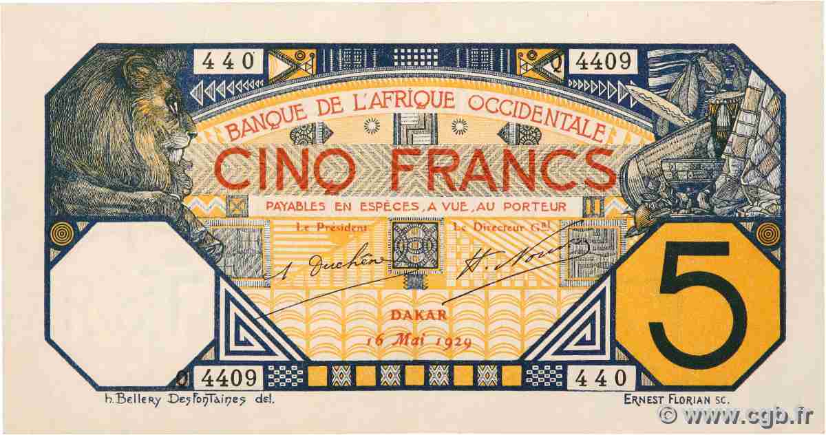 5 Francs DAKAR FRENCH WEST AFRICA (1895-1958) Dakar 1929 P.05Bf XF