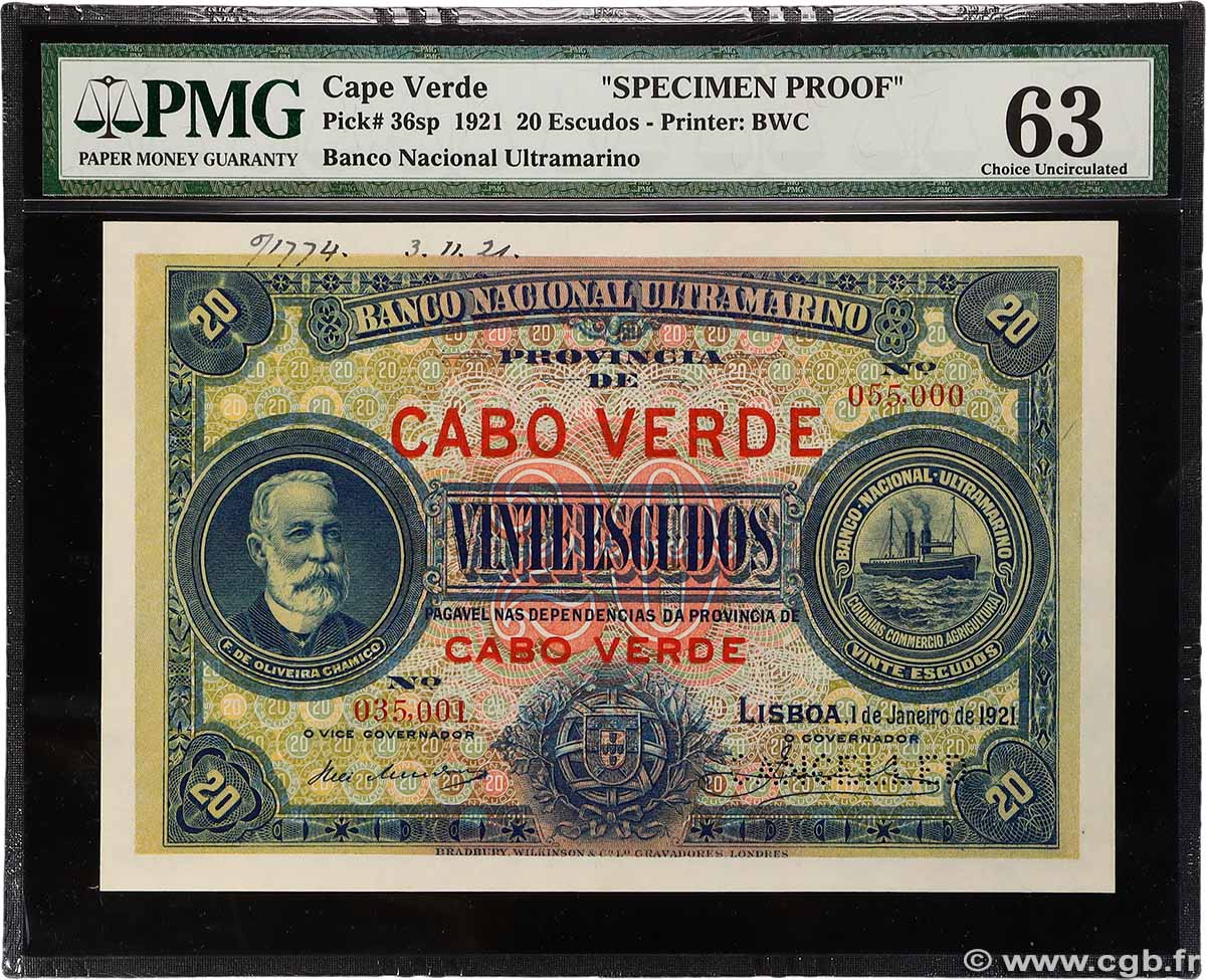 20 Escudos Épreuve CAP VERT  1921 P.36sp pr.NEUF