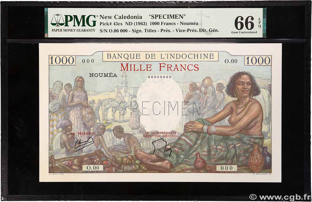 1000 Francs Spécimen NOUVELLE CALÉDONIE  1958 P.43cs NEUF