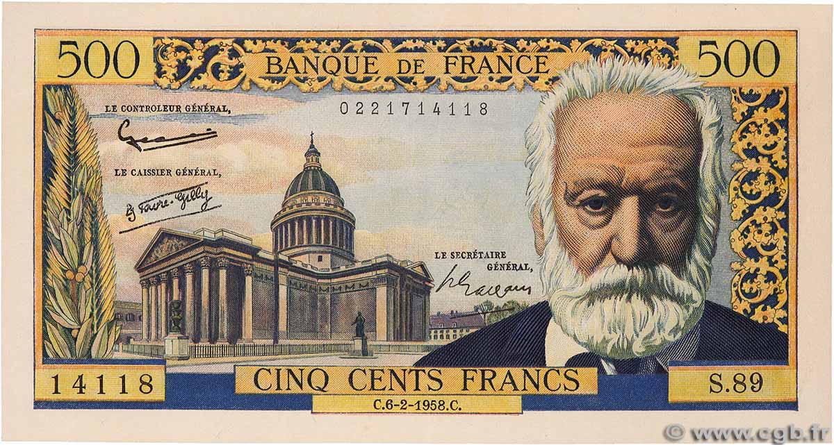 500 Francs VICTOR HUGO FRANCIA  1958 F.35.08 q.SPL