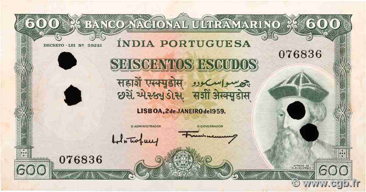 600 Escudos Annulé PORTUGUESE INDIA  1959 P.045 VF+