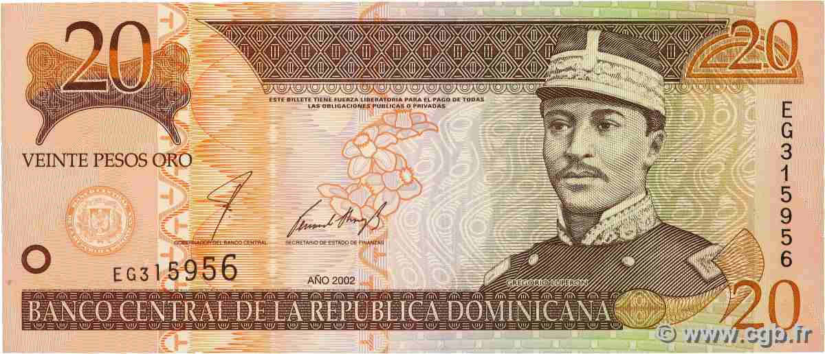 20 Pesos Oro RÉPUBLIQUE DOMINICAINE  2002 P.169b TTB+