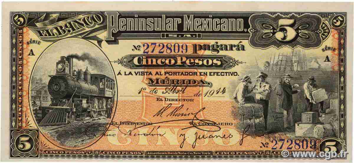 5 Pesos MEXICO Mérida 1914 PS.0465a fST