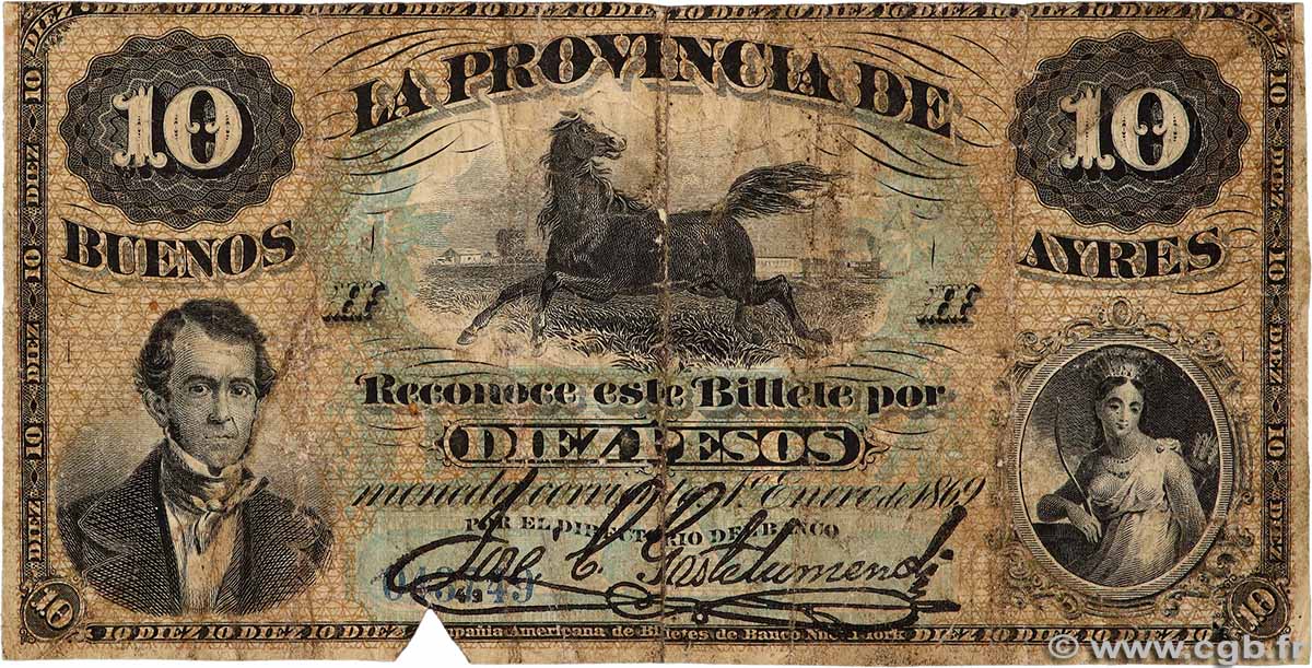 10 Pesos ARGENTINE  1869 PS.0485b B+