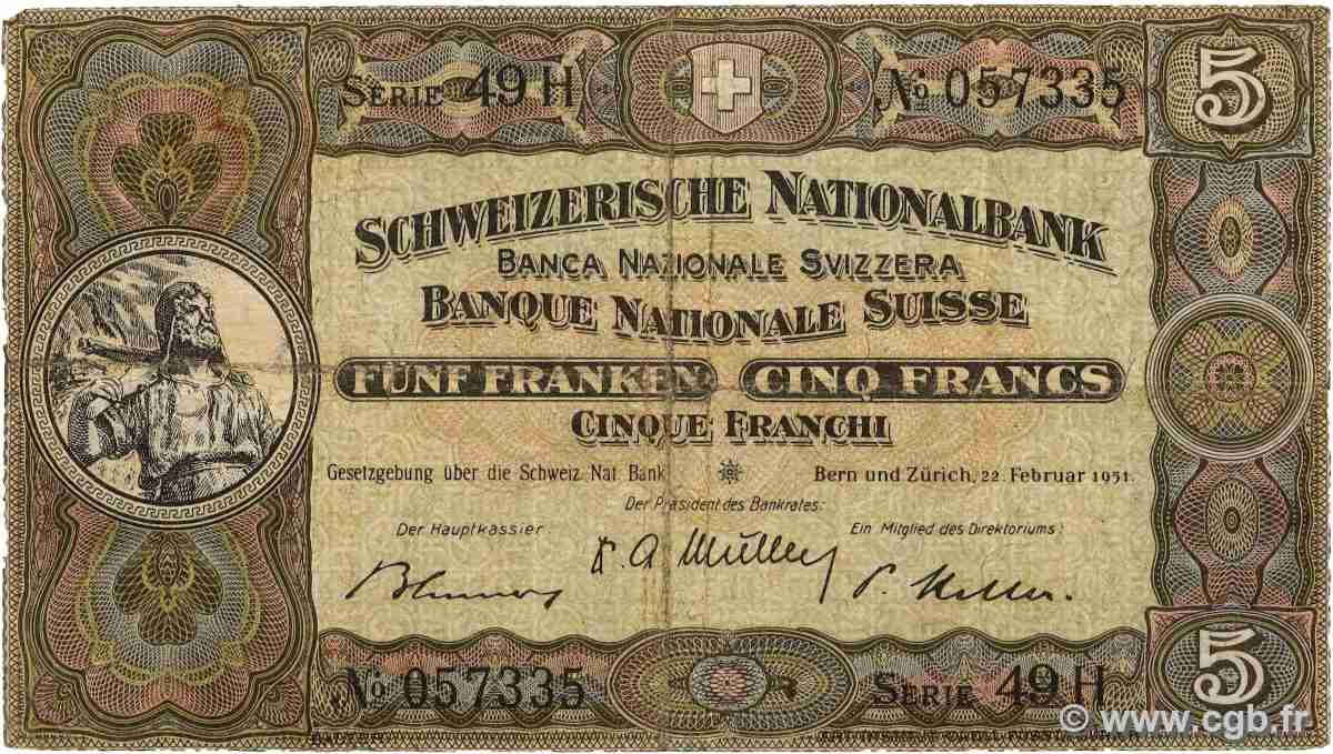 5 Francs SUISSE  1951 P.11o G