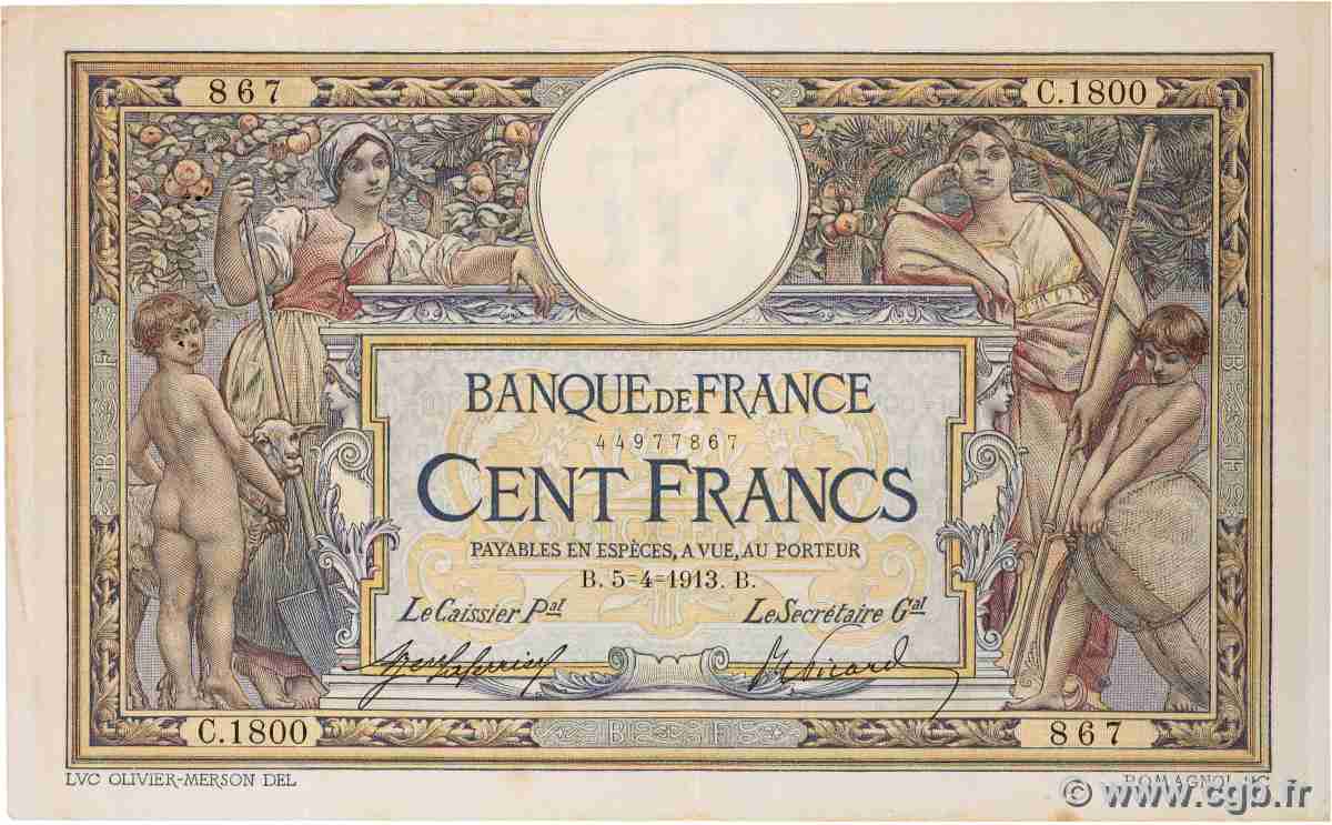 100 Francs LUC OLIVIER MERSON sans LOM FRANCIA  1913 F.23.05 q.BB