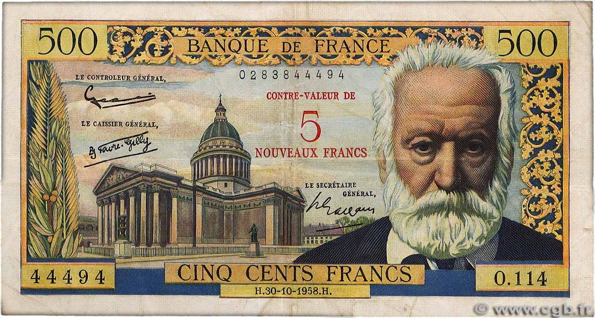 5 NF sur 500 Francs Victor HUGO FRANCE  1958 F.52.01 TB+