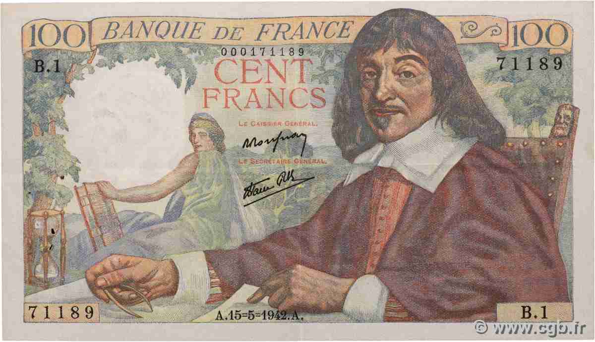 100 Francs DESCARTES FRANCE  1942 F.27.01 TTB+