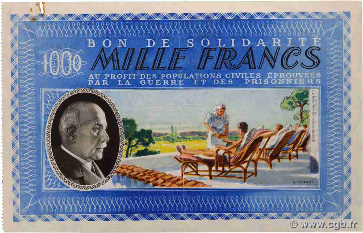 1000 Francs BON DE SOLIDARITE FRANCE régionalisme et divers  1941 KL.12A3 SUP