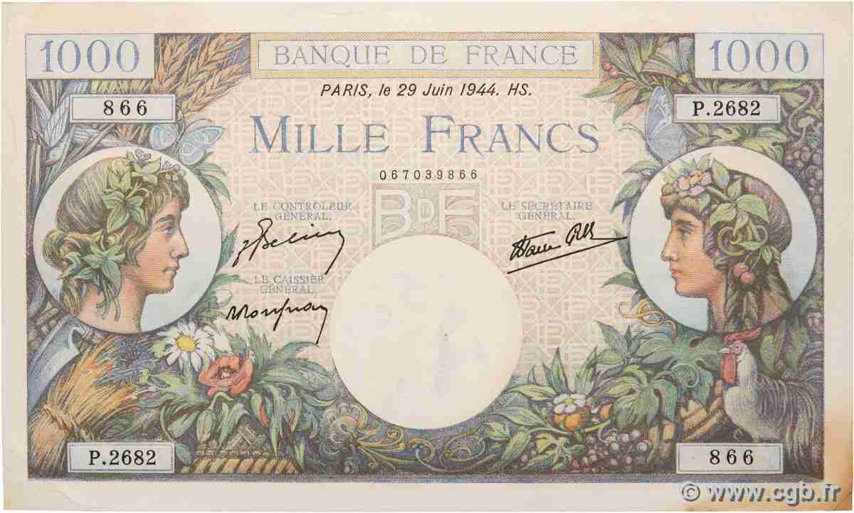 1000 Francs COMMERCE ET INDUSTRIE FRANCE  1944 F.39.09 SUP+