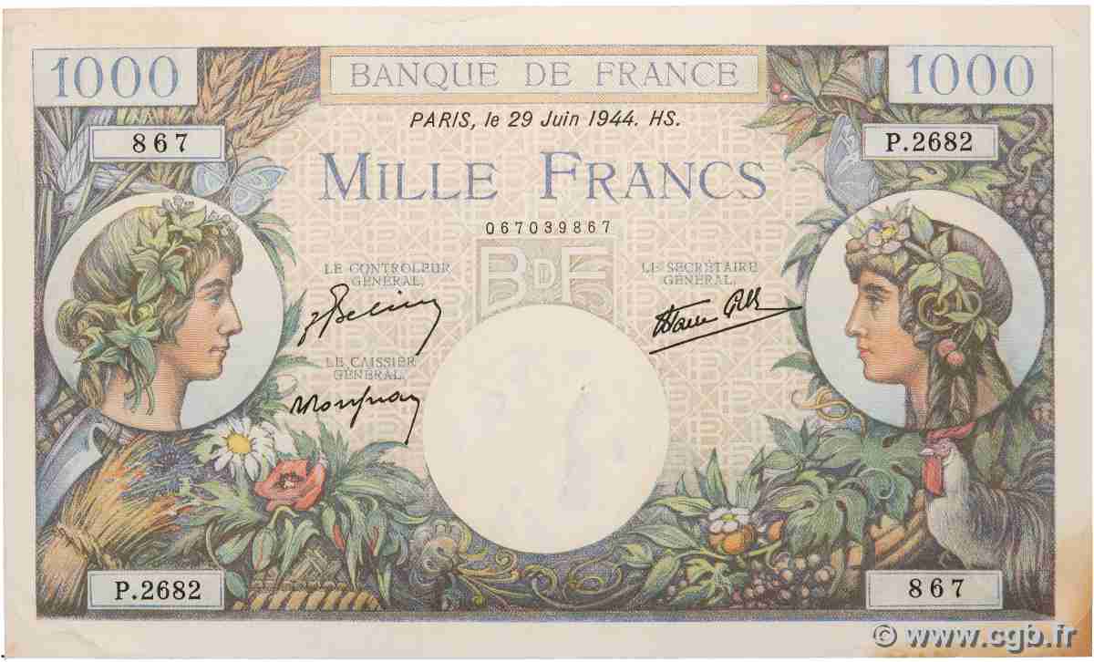 1000 Francs COMMERCE ET INDUSTRIE FRANCE  1944 F.39.09 SUP+