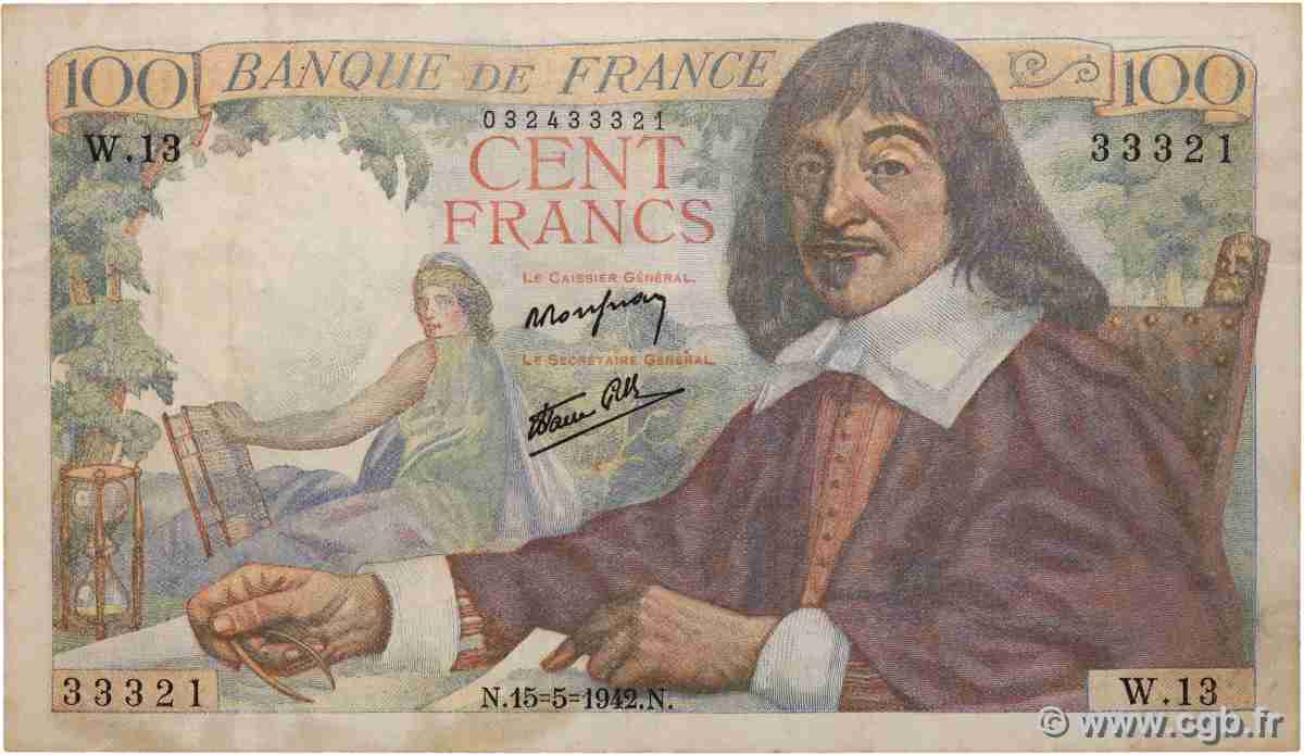 100 Francs DESCARTES FRANCE  1942 F.27.01 TB+